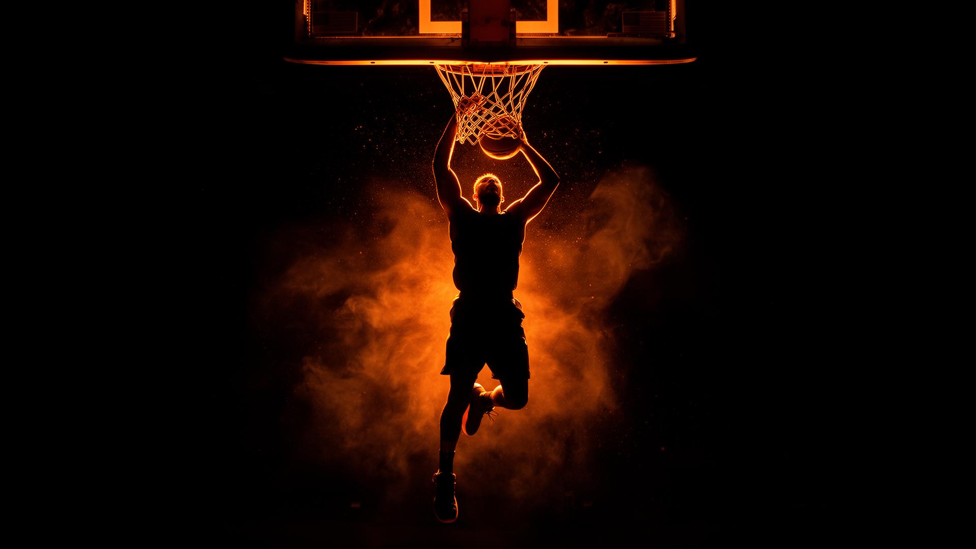 Basketball player rising to dunk in dramatic orange light